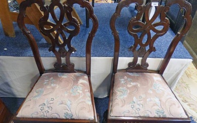 PAIR OF MAHOGANY CHAIRS WITH DECORATIVE CARVED BACK AND...