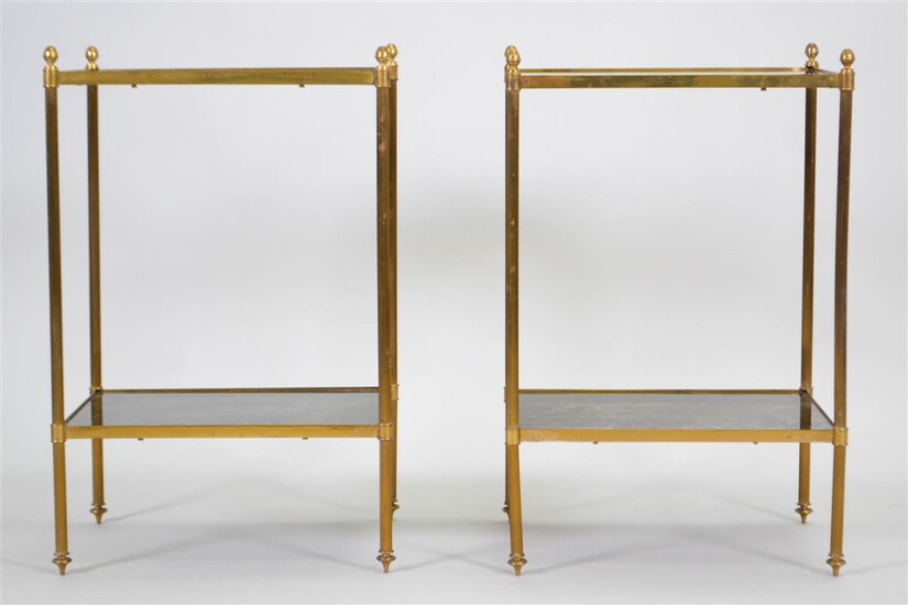 PAIR OF SMALL NEOCLASSICAL STYLE BRASS ANTIQUED MIRRORED ETAGERES