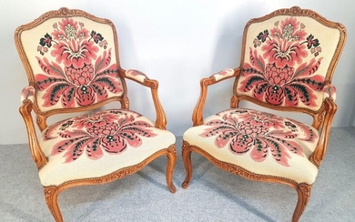 Pair of Louis XV style cabriolet FAUTEUILS, Queen's backrest with...