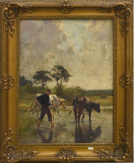 Painting "Boy and cows drinking" signed S.van Damme (65x50cm)