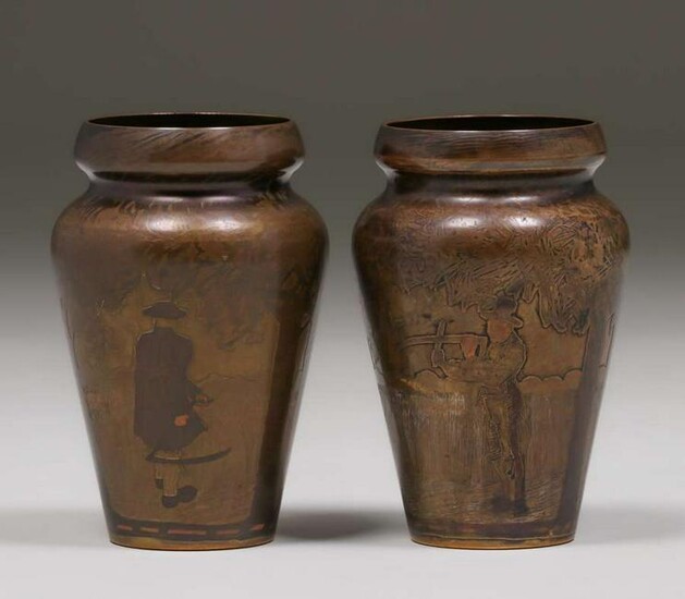 Pair Arts & Crafts Acid-Etched Scenic Vases c1910