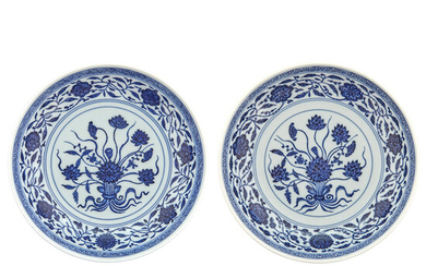 Pair Chinese Blue and White Glazed Porcelain 'Lotus' Dishes