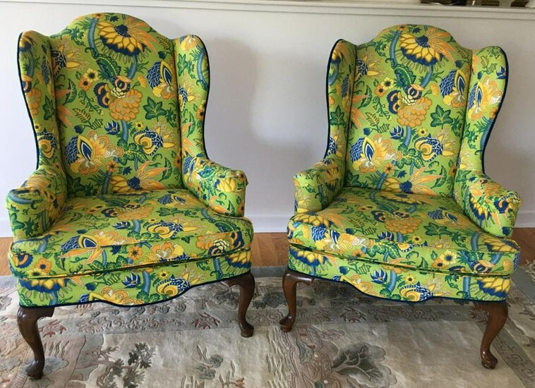 Pair Custom Upholstered Wing Back Arm Chairs