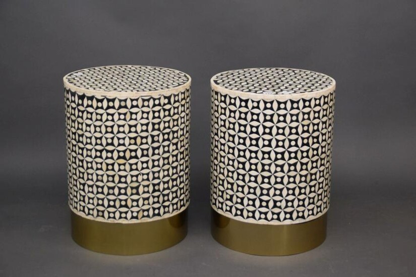 Pair Cylinder Form Ebony & Bone Side Tables, 19"h x