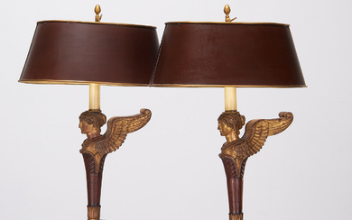 Pair French Empire parcel giltwood lamps