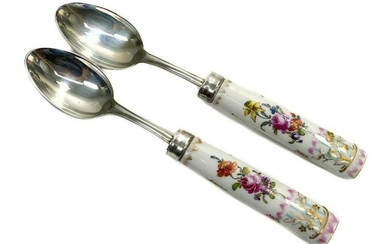 Pair German 800 Silver Porcelain Tea Spoons