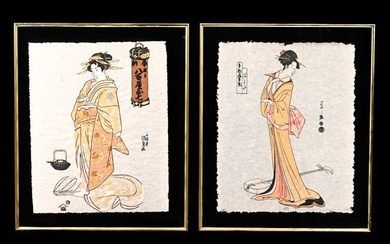 Pair Japanese Gouache & Ink Rice Paper Paintings