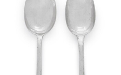 Pair of American Silver Scrollback Tablespoons, Paul Revere Jr., Boston, Circa 1775
