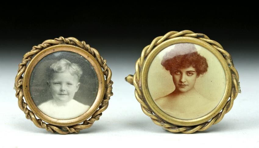 Pair of Early 20th C. Antique Brass Pins w/ Photographs