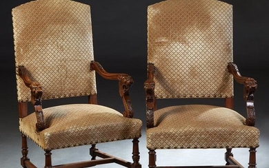 Pair of French Louis XIV Style Carved Walnut Fauteuils