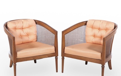 Pair of Mid Century Modern Ash, Caned, and Custom-Upholstered Tub Chairs
