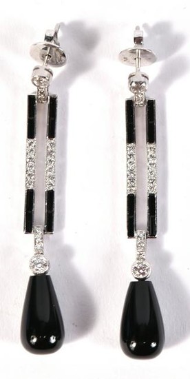 Pair of Platinum Diamond & Onyx Earrings