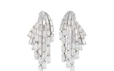 Pair of Platinum and Diamond Cascade Fringe Earclips