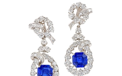 Pair of Sapphire and Diamond Pendent Ear Clips | 9.16及6.72 克拉 天然「緬甸皇家藍」未經加熱藍寶石 配 鑽石 耳墜一對