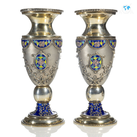 Pair of Silver & Enamel Vases, 20th c