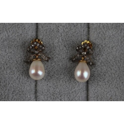 Pair of pearl & diamond bow top earrings