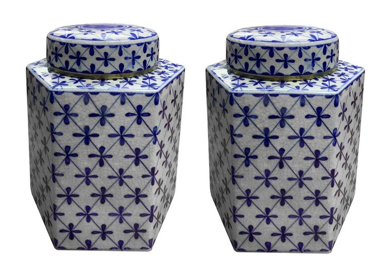 Pair of poutiche porcelain, hexagonal with a blue