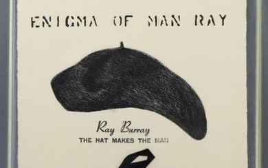 Paul HEWITT (Xxth) "Enigma of Man Ray", engraving tribute to Man Ray enhanced with a black ribbon, signed in pencil lower right, 32,5 x 25 cm, presented under plexi glass frame.