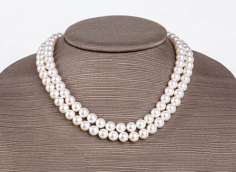 Pearls and diamonds necklacetwo strands of satltwater cultured pearls (Akoya pearls), 18k white gold floral...