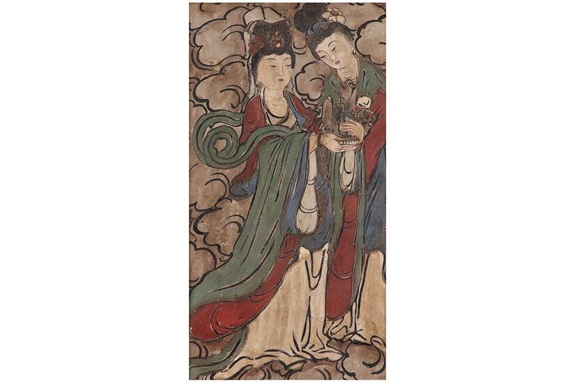 Peinture chinoise en stucco avec deux dames de cour "Tang" - 67,5 x 37 ||Peinture...