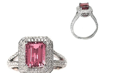 Pink Tourmaline Ring With Pave Diamond Halo & Split Shank In 18k White Gold