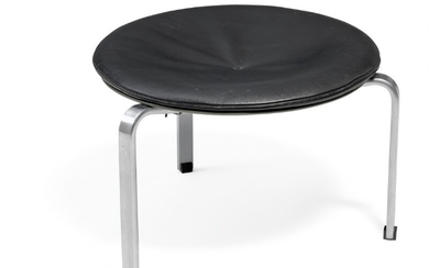 Poul Kjærholm: “PK 33”. Stool with chromed steel frame. Loose seat cushion upholstered with black leather. Manufactured by E. Kold Christensen