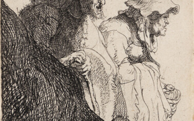 REMBRANDT VAN RIJN A Beggar Man and Woman behind a Bank. Etching and...