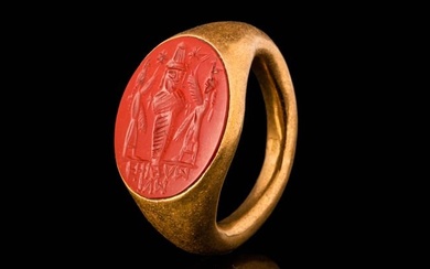 ROMAN GOLD FINGER RING WITH CARNELIAN INTAGLIO OF OSIRIS