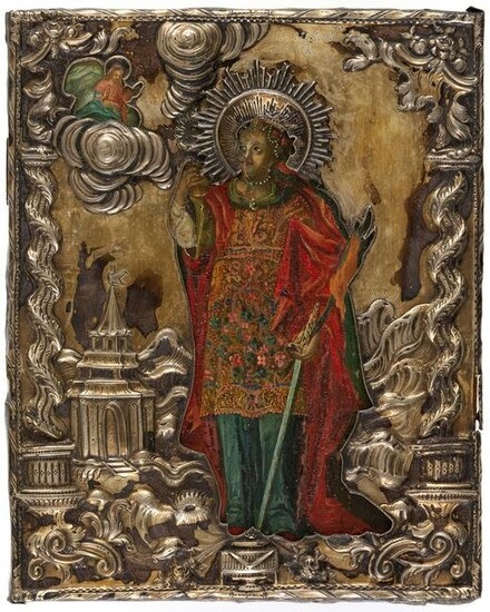 RUSSIAN ICON WITH GILDED SILVER OKLAD SHOWING ST. BARBARA