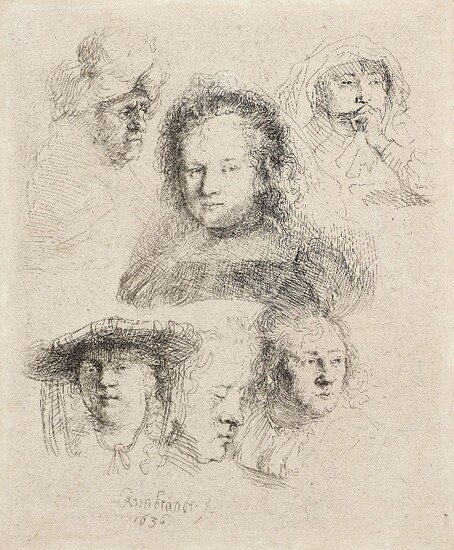 Rembrandt Harmensz. van Rijn, Dutch 1606-1669- Studies of the head of Saskia and others; etching, 1636, on laid paper, without watermark, with thread margins, the sheet 15.5 x 12.8 cm. Bartsch, Hollstein 365, Hindt 145, (mounted, unframed)...