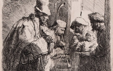 Rembrandt van Rijn (1606-1669). The strolling musicians. Etching, ±1635, 13,9x11,7...