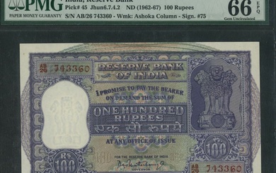 Reserve Bank of India, 100 Rupees, ND (1962-67), serial number AB/26 743360, (Pick 45, Jhun&Rez...