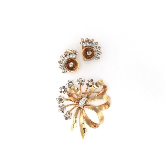 Retro Gold, Colored Diamond and Diamond Bow Brooch and Pair of Earclips