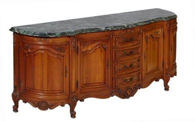 Robust Louis XV Style Marble Top Cherrywood Enfilade, 20th c., H.- 41 1/2 in., W.- 114 in., D.- 24
