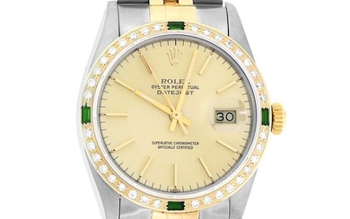 Rolex Men's Two Tone Champagne Index Emerald and Diamond Datejust Wristwatch