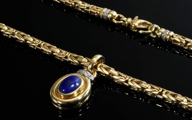 Round handmade yellow gold 750 king necklace with octagonal diamond setting (total approx. 0.15ct/SI/TCR, 83g, l. 45.3cm) and yellow and white gold 750 chain clip with lapis lazuli cabochon and small diamonds (total approx. 0.05ct/SI/TCR, 12.4g...