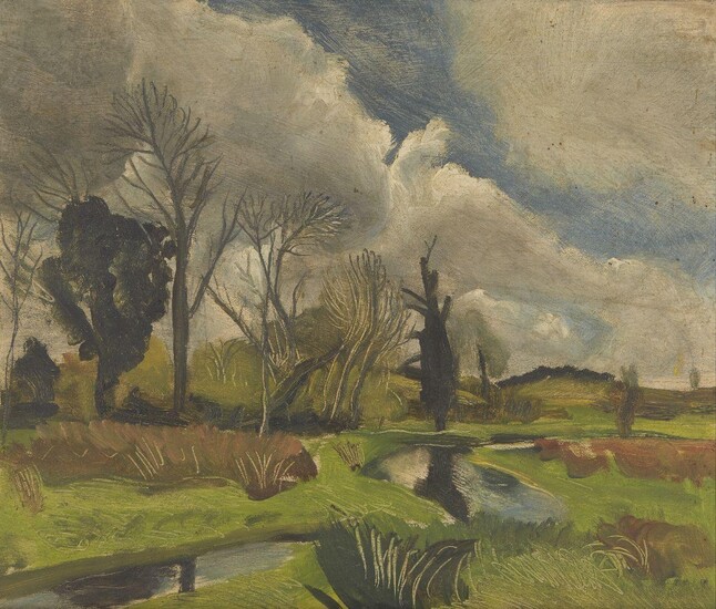 Rowland Suddaby, British 1912¬®1972 - Landscape with river; oil on panel, 30 x 35.7 cm (ARR) Provenance: with The Leicester Galleries, London, SO1514 (according to the labels attached to the reverse); private collection