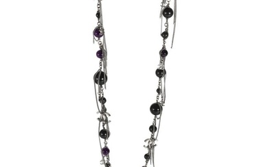 Ruthenium Chanel 2009 CC Black & Purple Bead Long Necklace With CC