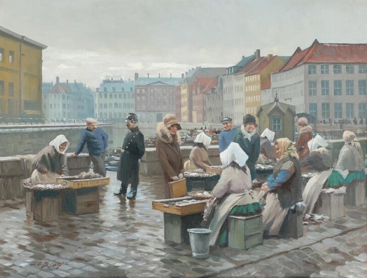 SOLD. S. C. Bjulf: Fishwives and shoppers on Gl. Strand in Copenhagen. Signed S. C. Bjulf. Oil on canvas. 70 x 91 cm. – Bruun Rasmussen Auctioneers of Fine Art