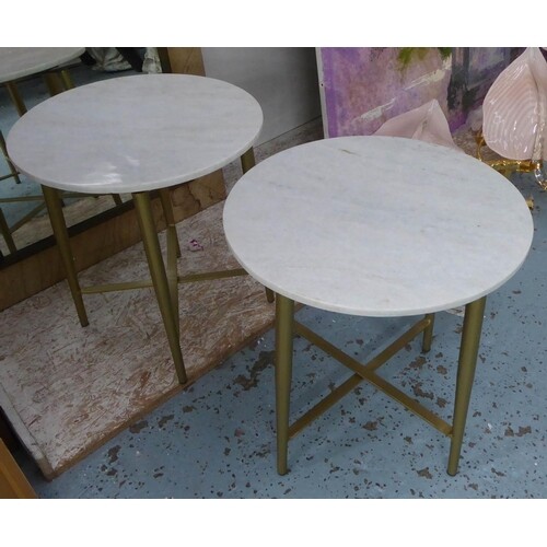 SIDE TABLES, a pair, 1960's style, white marble tops, 44.5cm...