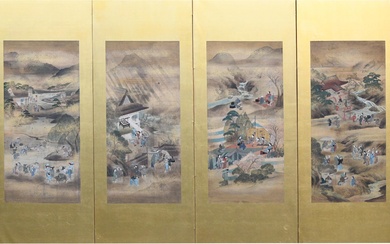 SIX JAPANESE PAINTINGS, NOW MOUNTED ON GOLD GROUND AS A SIX-PANEL SCREEN, VIEWS OF THE CITY