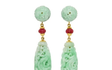 Seaman Schepps Pair of Carved Jade, Gold and Ruby Bead 'Canton' Pendant-Earrings