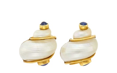 Seaman Schepps Pair of Gold, Shell and Cabochon Sapphire 'Turbo Shell' Earclips
