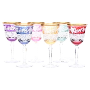 Set of (6) European Color Cut to Clear Goblets