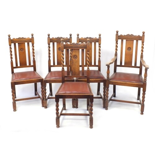 Set of five oak barley twist dining chairs including a carve...