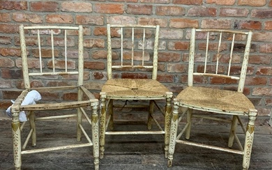 Set of three early 19th century painted rush seated dining c...