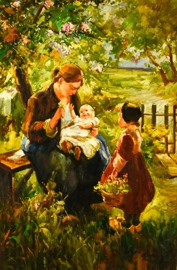 Signed Mother & Children Oil Painting