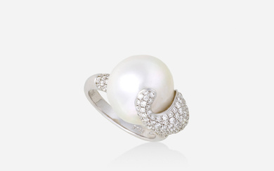 South Sea cultured pearl, diamond, and white gold ring
