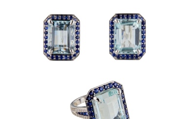 Spectacular ladies set in white gold with aquamarines, sapphires and...
