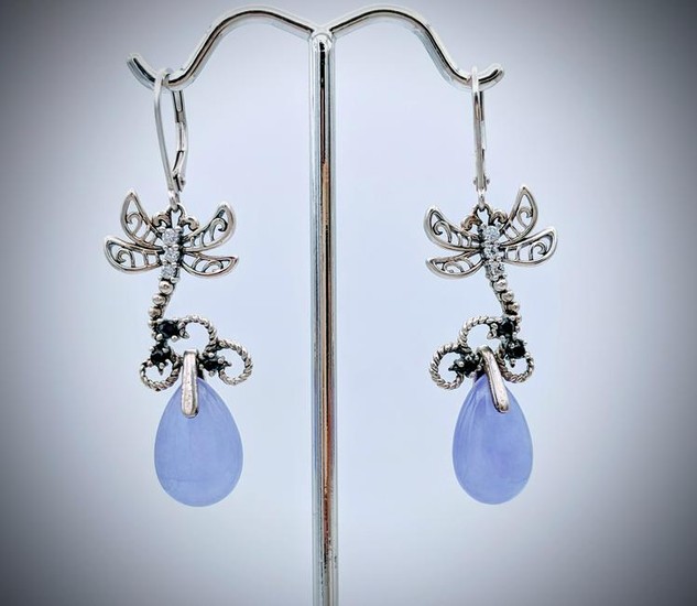 Sterling Silver Dragonfly Earrings w Violet Jade, CZ &